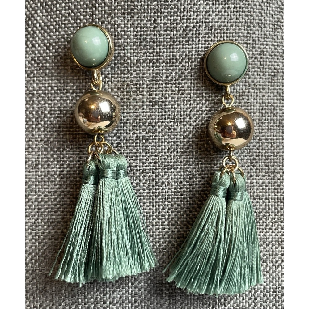 Vtg Gold Toned Tassel Dangling Earrings 2.5" Pierced Mint Green Acrylic Stud